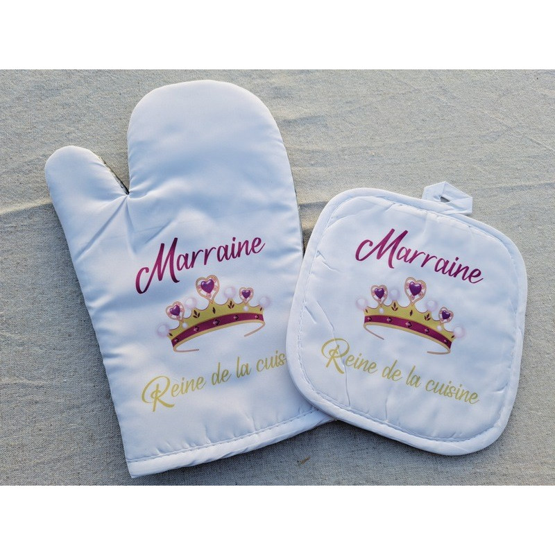 Gant et manique "Marraine Reine de la cuisine" - Personnalisable - Accessoire de cuisine