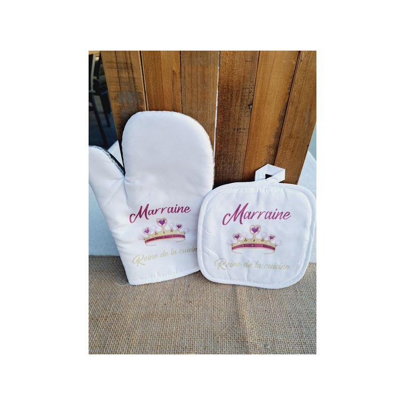 Gant et manique "Marraine Reine de la cuisine" - Personnalisable - Accessoire de cuisine