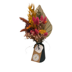 Bouquet de fleurs séchées rose/jaune+ vase