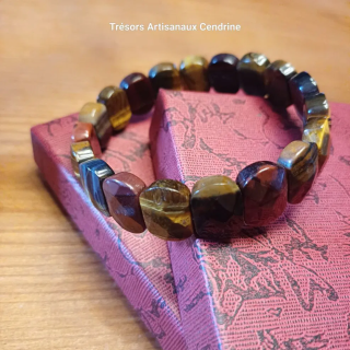 Bracelet large en pierre d'Oeil de tigre marron, bleu et nuance de rouge
