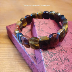 Bracelet large en pierre d'Oeil de tigre marron, bleu et nuance de rouge