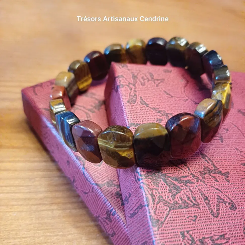 Bracelet large en pierre d'Oeil de tigre marron, bleu et nuance de rouge