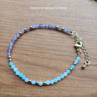 bracelet en perles de pierres 3mm facettées d'Améthyste alternées Aigue marine