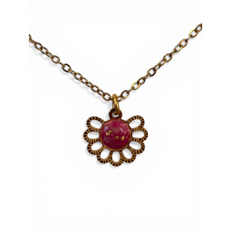 Collier demi fleur et rond rose