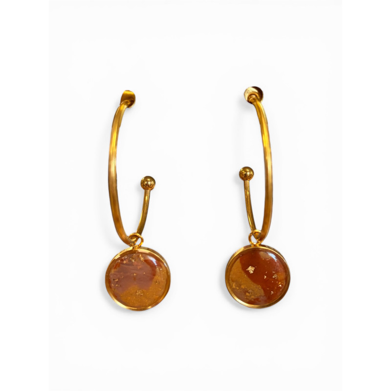 Boucle d'oreilles marron avec feuilles d'or