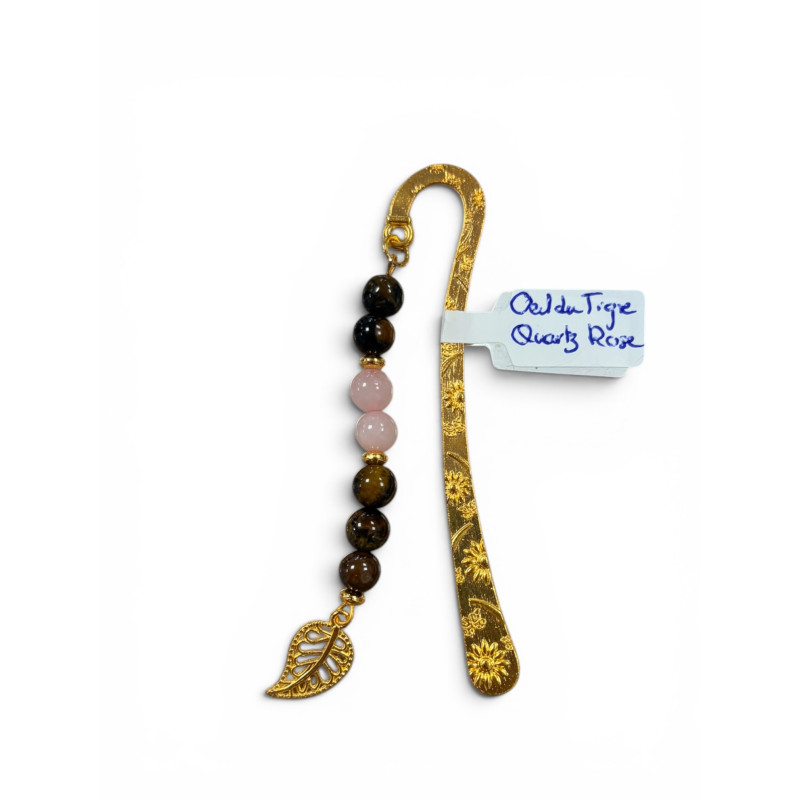 Marque-page doré oeil de tigre, quartz rose