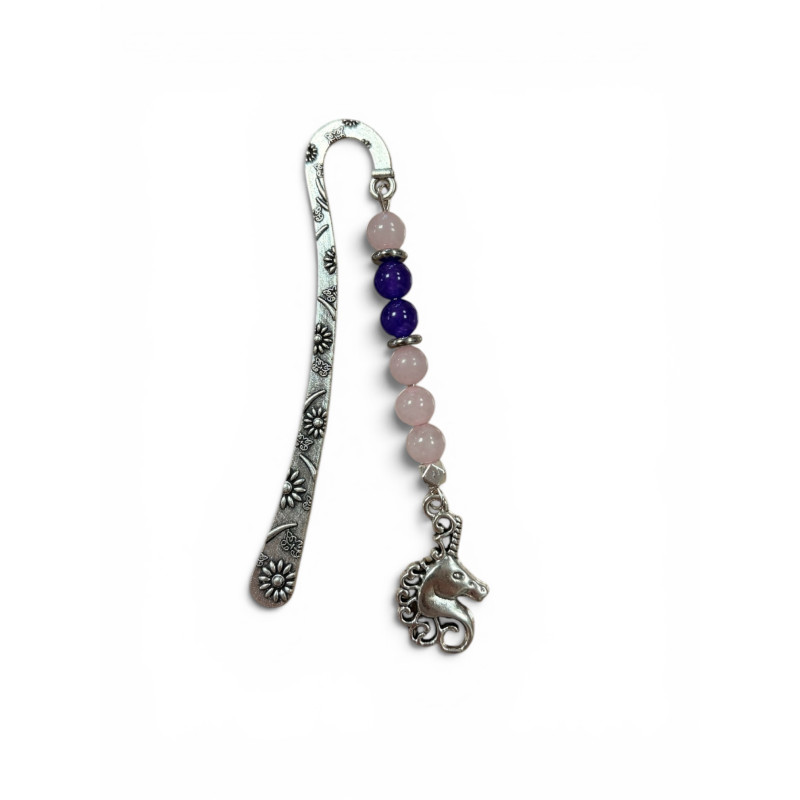 Marque-page argenté améthyste , quartz rose