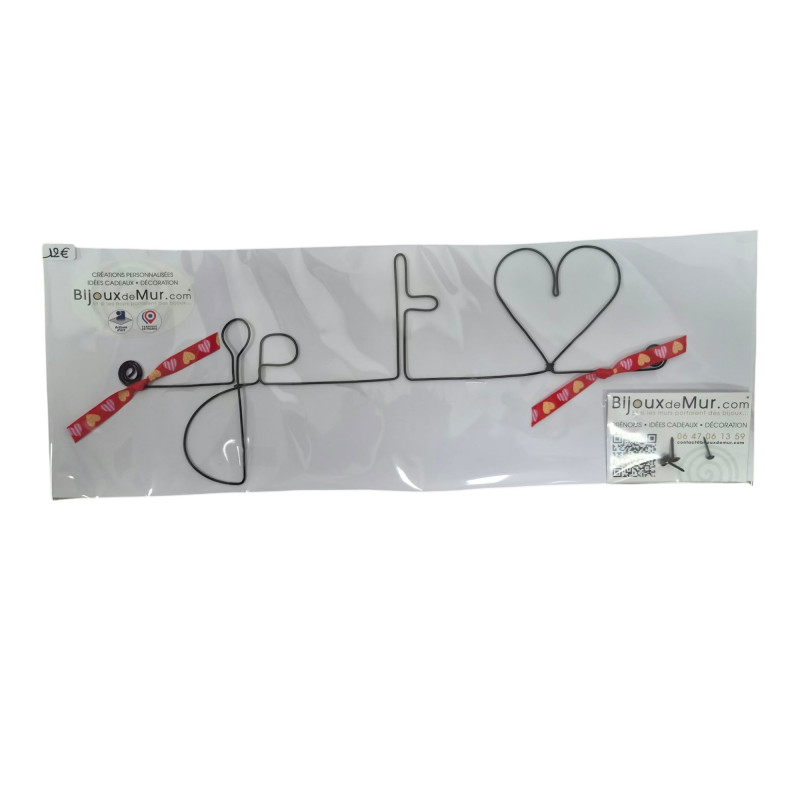 " Je t'aime (aime en forme de cœur) "  - Message et forme en fil de fer - à punaiser - Bijoux de mur (Ref PM-08)