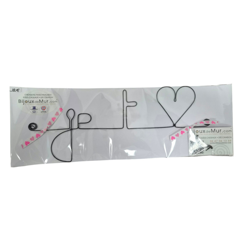 " Je t'aime (aime en forme de cœur) "  - Message et forme en fil de fer - à punaiser - Bijoux de mur (Ref PM-08)