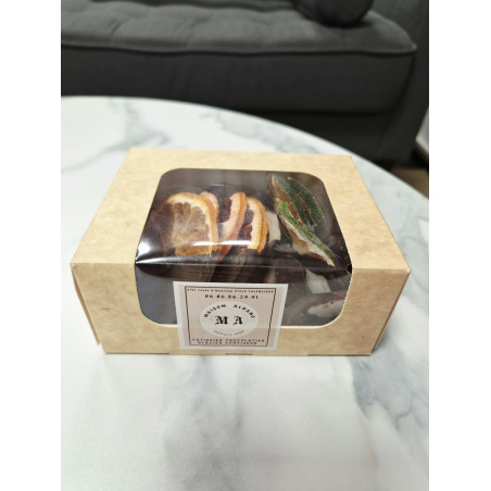 Coffret Fruits séchés non sucrés trempés au chocolat noir (Orange, mandarine, noix de coco)