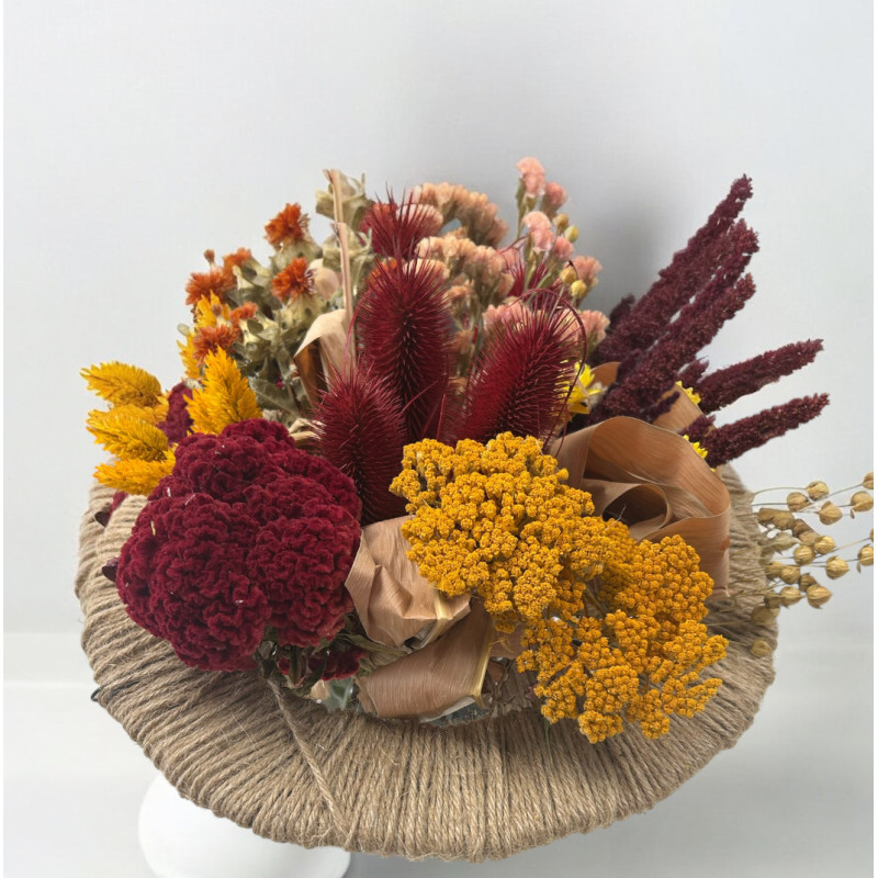 Bouquet de fleurs séchées bordeaux et jaune + vase